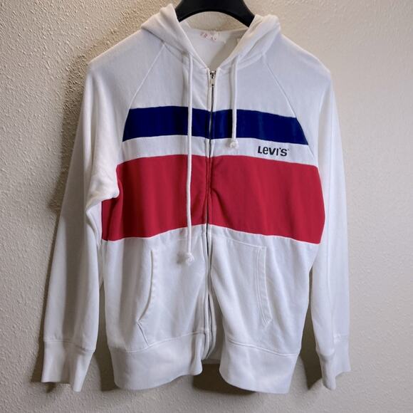 Vintage Levi’s Women White Striped Full Zip Hooded Sweater Size XS - Picture 1 of 10